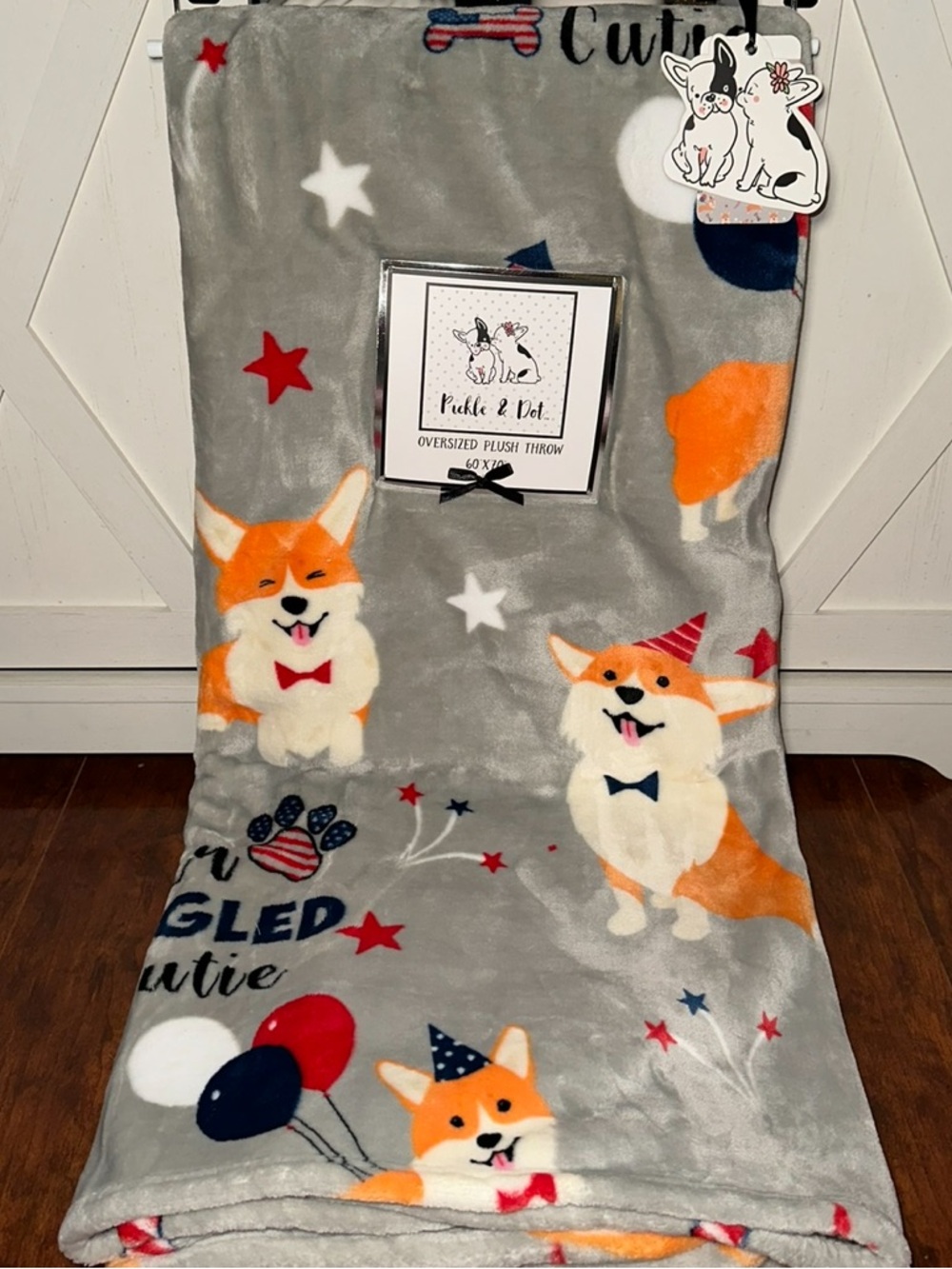 Pickle & Dot ‘Star Spangled Cutie’ Corgi Fourth of July Plush Throw Blanket